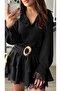 Black Lace Detailed Skirt Flared Belted Dress - 2