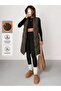 Women's Khaki Long Puffer Vest Hooded Side Zipper Detail Winter