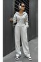 Women's Gray Mélange Sporty Chic Zippered Three-Yarn Non-Brushed Fabric Top-Bottom Tracksuit Set 0057