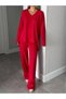 Women's Long Sleeve High Waist V-Neck Red Two-Piece Suit - 2