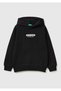 Boy's Black Front Logo Printed Pocket Ribbed Hooded Sweatshirt