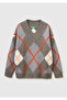 Women's Anthracite Wool Blend Diamond Pattern Ribbed Detailed V-Neck Sweater - 2