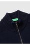 Men's Navy Blue 100% Wool Ribbed Detailed Zippered Cardigan - 3