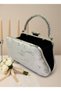 Beige Silver Crystal Stone and Handle Detailed Luxury Wavy Velvet Women's Evening Dress Bag Wedding Engagement Graduation - 5