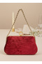 Burgundy Gold Metal Chain Handle and Pearl Detailed Luxury Wavy Velvet Women Evening Dress Bag Wedding Graduation - 3