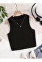 Women's Corded Fabric Crop Blouse Crew Neck Undershirt Black