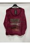 Women's Burgundy Italian Varaklı Low Sleeve O Oversized Loose Velvet Blouse - 2