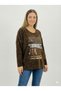 Women's Brown Italian Varaklı Low Sleeve O Oversized Loose Velvet Blouse - 2