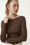 Ruched Detail Long Sleeve 100% Cotton Brown Blouse – Stylish Look in Natural Tones