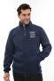 Men's Navy Blue Fleece Lined Half Zipper Stand Collar Cotton Sweatshirt