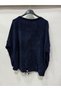 Women's Navy Blue Italian Varaklı Low Sleeve O Oversized Loose Velvet Blouse - 4