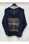 Women's Navy Blue Italian Varaklı Low Sleeve O Oversized Loose Velvet Blouse - 3