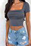 Short Sleeve Crop Blouse with Drawstring at the Chest, Anthracite