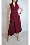 Women's Burgundy Double-Breasted Belted Men's Collar Asymmetrical Dress Yy101264