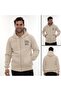 Men's Beige Full Zippered K Hooded Cotton Sweatshirt with Fleece Inside - 6