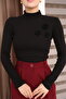 Turtleneck Rose Detailed Ribbed Knit Long Sleeve Blouse - 2