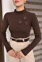 Turtleneck Rose Detailed Ribbed Knit Long Sleeve Blouse - 7