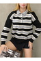 Women's Striped Gray Polo Neck Knitwear Sweater Buttoned Off Shoulder Long Sleeve Oversized Mold Trend New Season