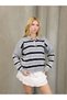 Women's Striped Gray Polo Neck Knitwear Sweater Buttoned Off Shoulder Long Sleeve Oversized Mold Trend New Season - 5