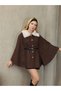 Women's Fur Collar Cashmere Fabric Poncho with Belt and Buttons Brown Stylish Design - 5