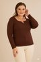 Women's Plus Size Square V Hollow Neck Metal Accessory Long Sleeve Stretchy Crepe Blouse - 5