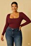 Women's Plus Size Burgundy Square Neck Long Sleeve Modal Soft Texture Stretchy Blouse - 6