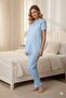 Women's Blue Linen Scalloped Lace Maternity Pajama Set - 2