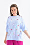 Women's Crew Neck Short Sleeve Heart Embroidered Knit Sweater 10164 - 2