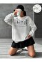 Women's White Optimistic Garden Printed Oversized Crew Neck Sweatshirt