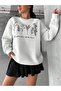 Women's White Optimistic Garden Printed Oversized Crew Neck Sweatshirt - 3
