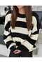 Black and White Striped Crew Neck Oversize Women's Knitwear Sweater - 7