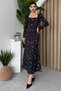 Women's Floral Print Crepe Fabric Square Neck Long Sleeve Midi Length Black Dress 208 - 4