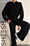 Soft Textured Modal Black Top and Bottom Set Bottom Palazzo Sweatpants Trousers Top Crop Hoodie - 4