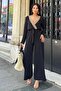 Women's Black Straw Double-Breasted Collar Detailed Belted Pocket Airobin Jumpsuit Elastic Waist Jumpsuit - 4