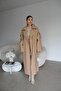 Beige Belted Sleeve Detailed Oversized (Bol) Lined Premium Long Cashmere Coat - 4