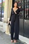 Women's Black Straw Double-Breasted Collar Detailed Belted Pocket Airobin Jumpsuit Elastic Waist Jumpsuit - 3