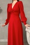 Red Crepe Fabric Front Knot Detail Maxi Length Long Sleeve Double Slit Dress - 3