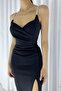 Black Scuba Fabric Strap Stone Detail Slim Strap Slit Evening Dress - 2