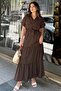 Coffee Short Sleeve, Airobin Fabric, Half Placket, Belt/Sash, Skirt Pleated, Pocket Maxi Long Dress - 4