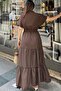 Coffee Short Sleeve, Airobin Fabric, Half Placket, Belt/Sash, Skirt Pleated, Pocket Maxi Long Dress - 5