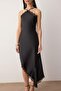 Black Plain Lace Detail Woven Satin Midi Unlined Elegant/Evening Dress - 4