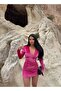 Special Design Shoulder Pad Piece Front Low-Cut Gathered Velvet Dress - 5