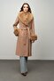 Double-Breasted Medium-Length Coat with Detachable Fur Collar and Sleeves Kamel 3043 - 3