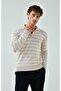 Beige Polo Neck Buttonless Long Sleeve Striped Sweater - 2