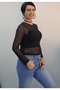 Black Crew Neck Long Sleeve Tulle Blouse T-Shirt - 6