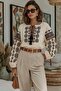 Women's Beige Tasseled Collared Balloon Sleeve Embroidered Cotton Blouse