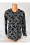 Women's Black Pink Patterned U Neck Long Sleeve Side Slit Viscose Mother Combed Cotton T-Shirt Blouse