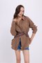Women's Oversize Wide Cut 100% Cotton Muslin Fabric Long Sleeve Pocketed Textured Brown Shirt - 6