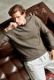 Men's Crew Neck Mink Sweater with Pockets, Pique Pattern, Steel Knit, Classic Fit - 5214C