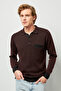 Men's Plus Size Polo Neck Burgundy Sweater with Pockets Patterned Steel Knit Classic Fit - 5208Fb